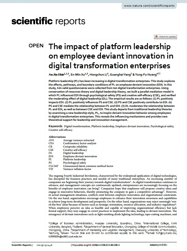 Reports The impact of platform leadership on employee deviant innovation in digital transformation enterprisesScientific Open